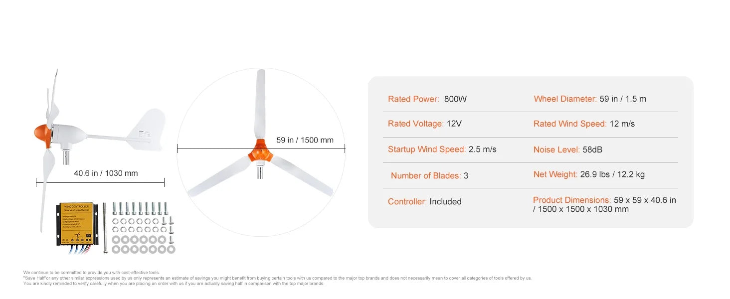 SucceBuy Wind Turbine Generator 12V 500W/800W Wind Turbine Wind Power Generator with MPPT Controller Suitable for Home Farm RVs
