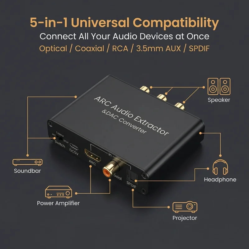 HDMI-Compatible ARC Audio Extractor with Optical, Coaxial and RCA Out
