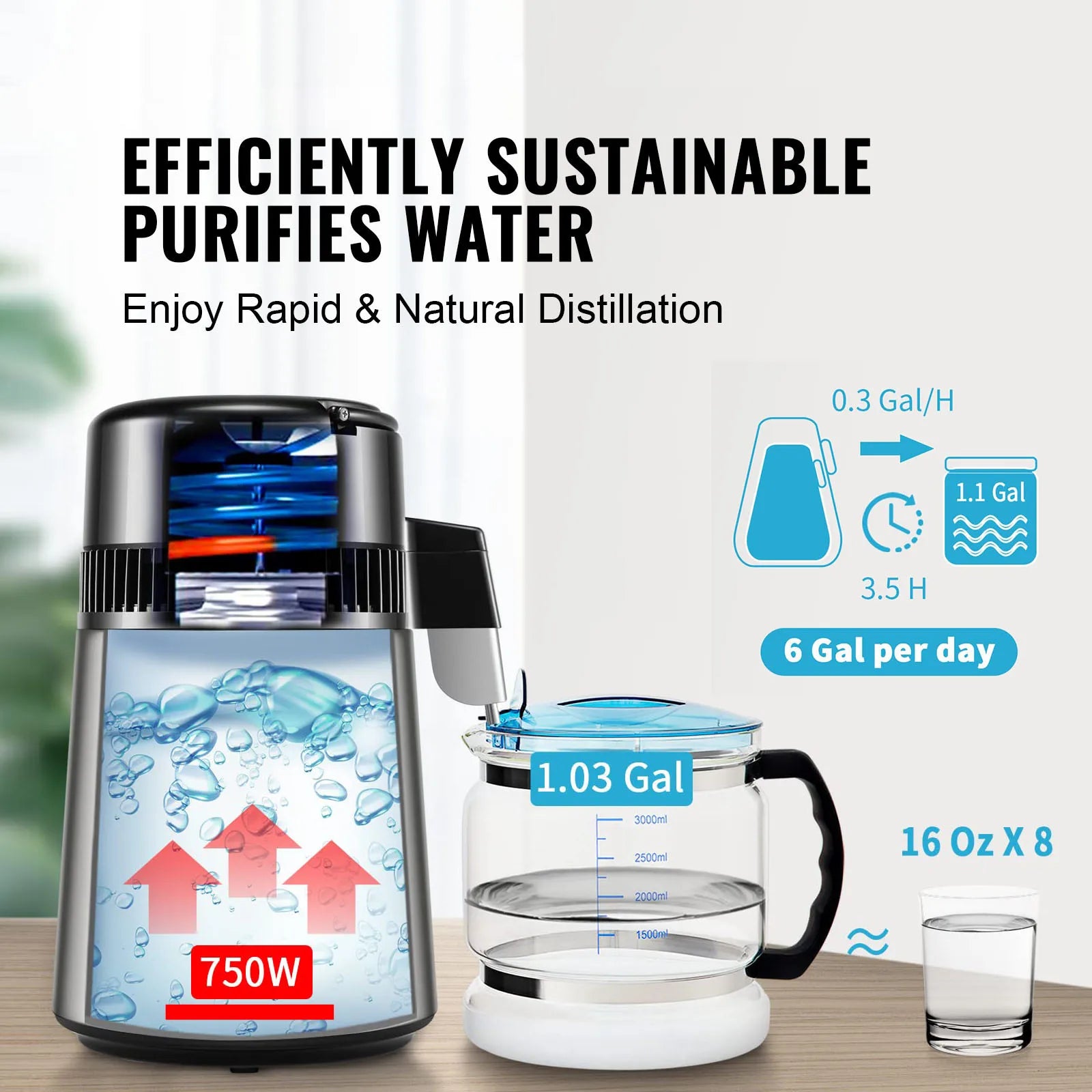 4L Water Distiller 750W Countertop Pure Water Filter System