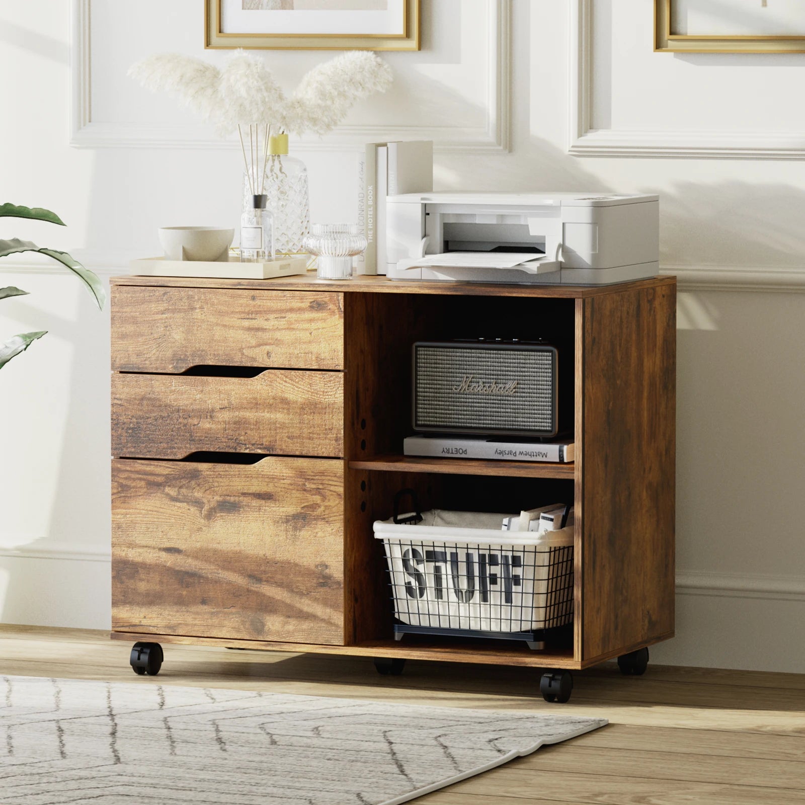 Corner Storage Cabinet with Drawers & Wheels Wood Organizer Table