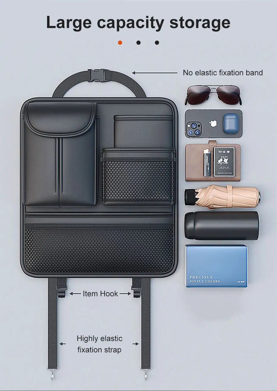 SEAMETAL Car Seat Back Organizer Rear Row Storage Bag with Elastic Band Nappa Leather Multi Pocket Anti Kick Pad Seat Protector