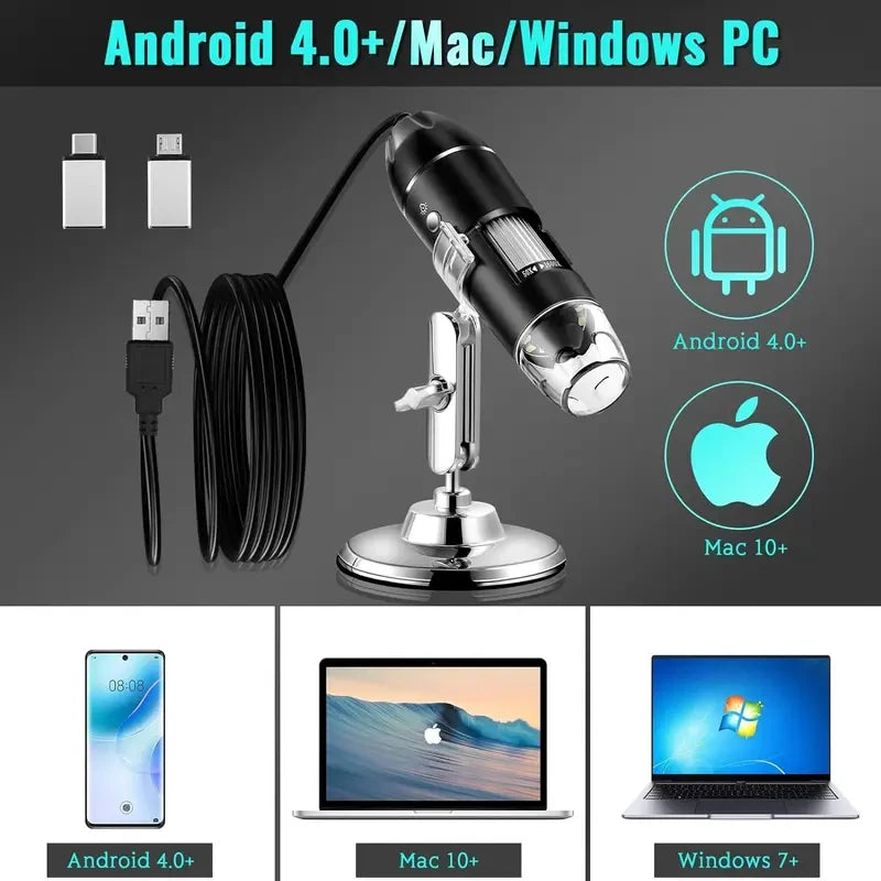 1600X USB Digital Microscope 1080P HD, Soldering Microscope with 8 Adjustable LEDs & Metal Stand, UVC Otg Compatible with