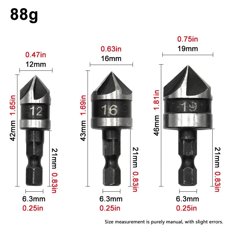 3PC Hexagonal Shank 90 Degree Black Five Blade Chamferer 12/16/19mm Countersink Drill Woodworking Hole Opener Tool Set