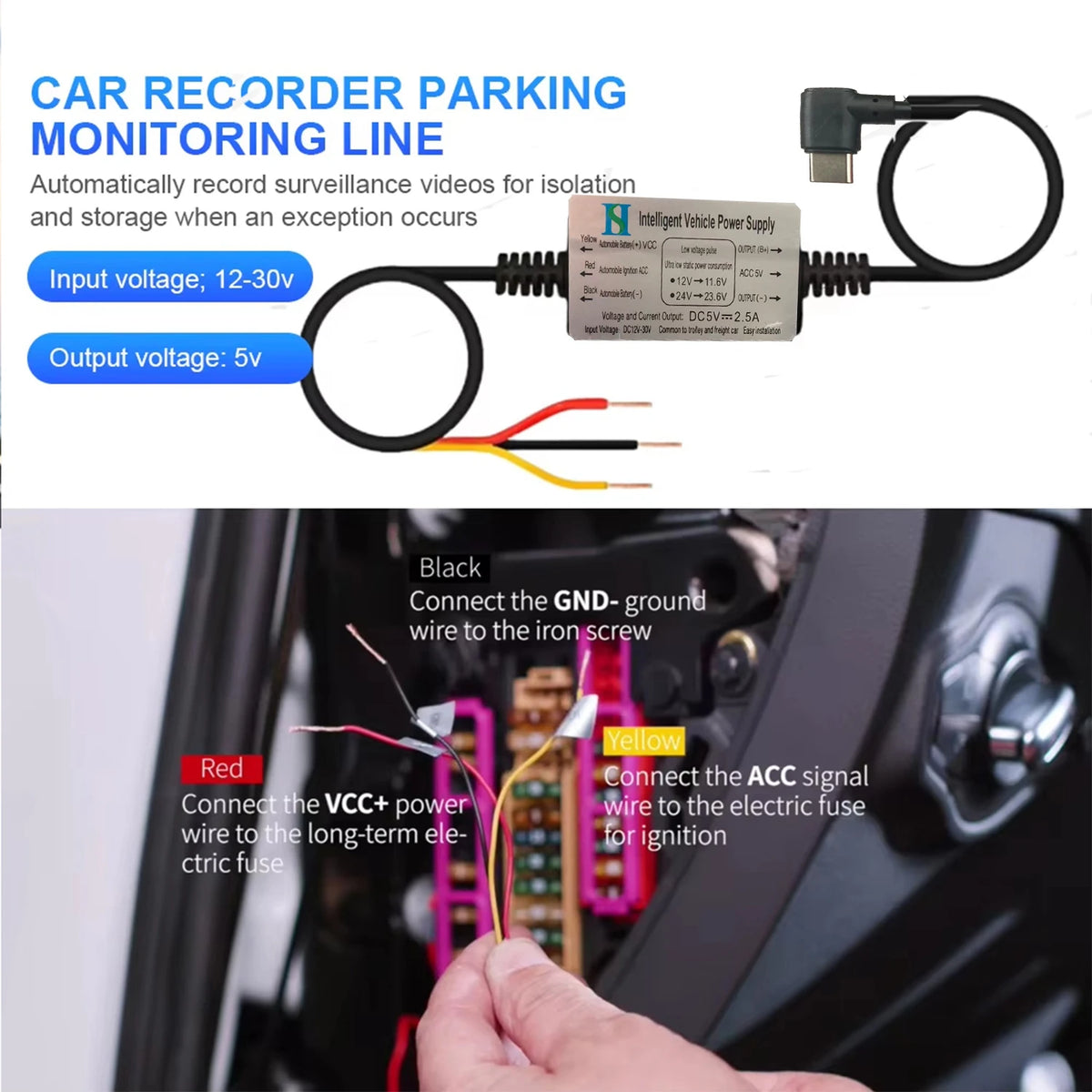 USB-C Dash Camera Hardwire Kit - 12/24 V to 5 V