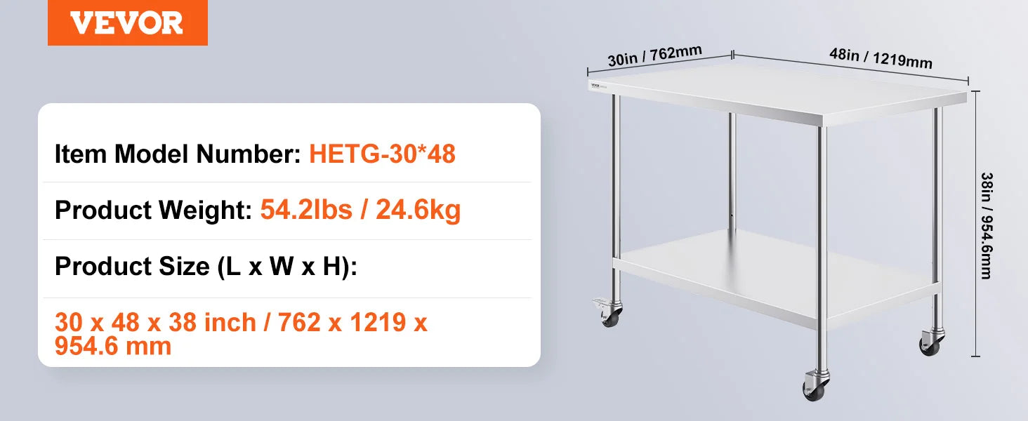 Stainless Steel Work Table with Wheels, Adjustable Shelf, 500 lb Capacity
