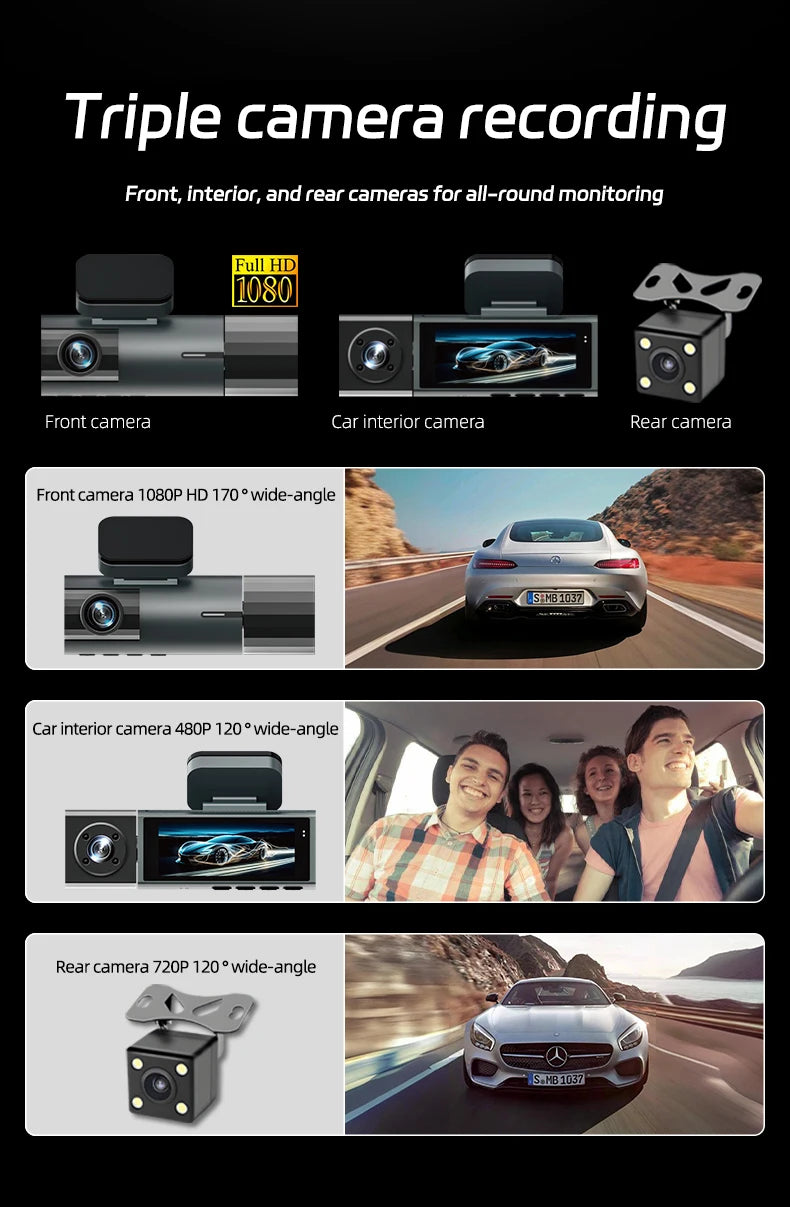 1080P 3-Way WiFi Dash Cam Front Inside Rear with Night Vision