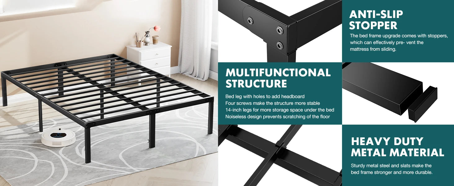 Metal Platform Bed Frame with Steel Slats and 14" Underbed Clearance