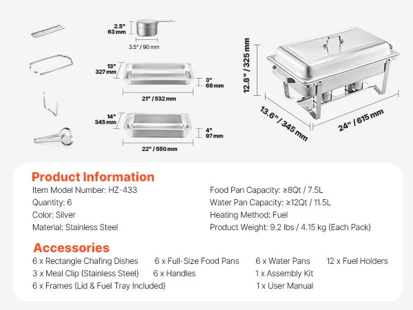 SucceBuy 8Qt 4/6 Packs Chafing Dish Buffet Set Stainless Steel Chafer Rectangle Catering Warmer Server w/Lid Water Pan for party