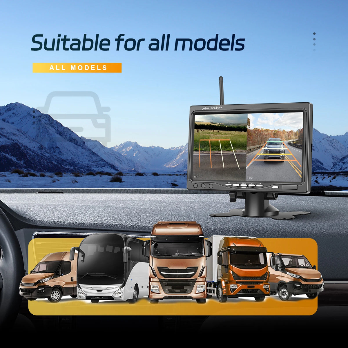 Podofo7 moniteur voiture et caméras arrière sans fil doubles vision nocturne 1080P caméra de recul pour camping-car RV camion bus