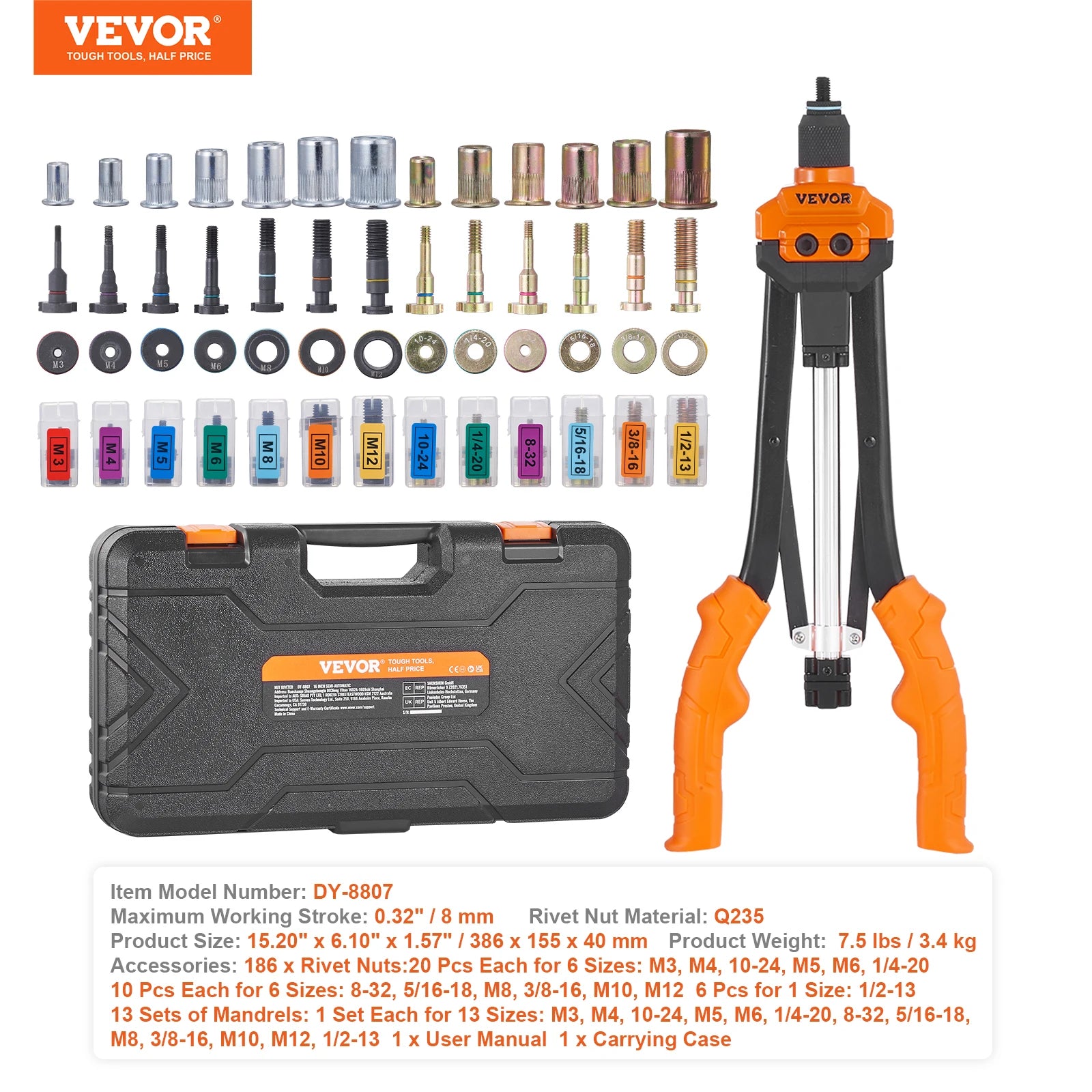 SucceBuy outil rivet nut 14" 16" Rivet Nut Tool kit avec mandrins métriques et SAE 70 pièces/186 pièces Rivet Nuts avec boîtier de transport robuste