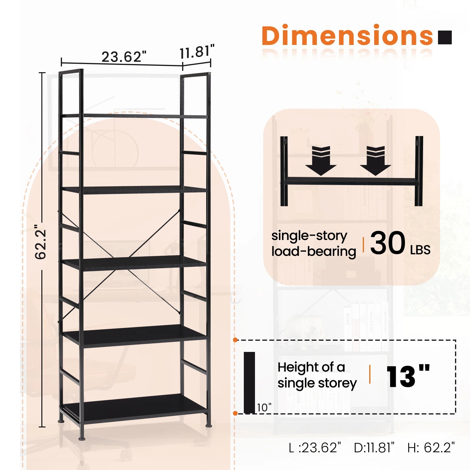 5 Tier Narrow Bookcase Storage Shelf for Home Office Living Room