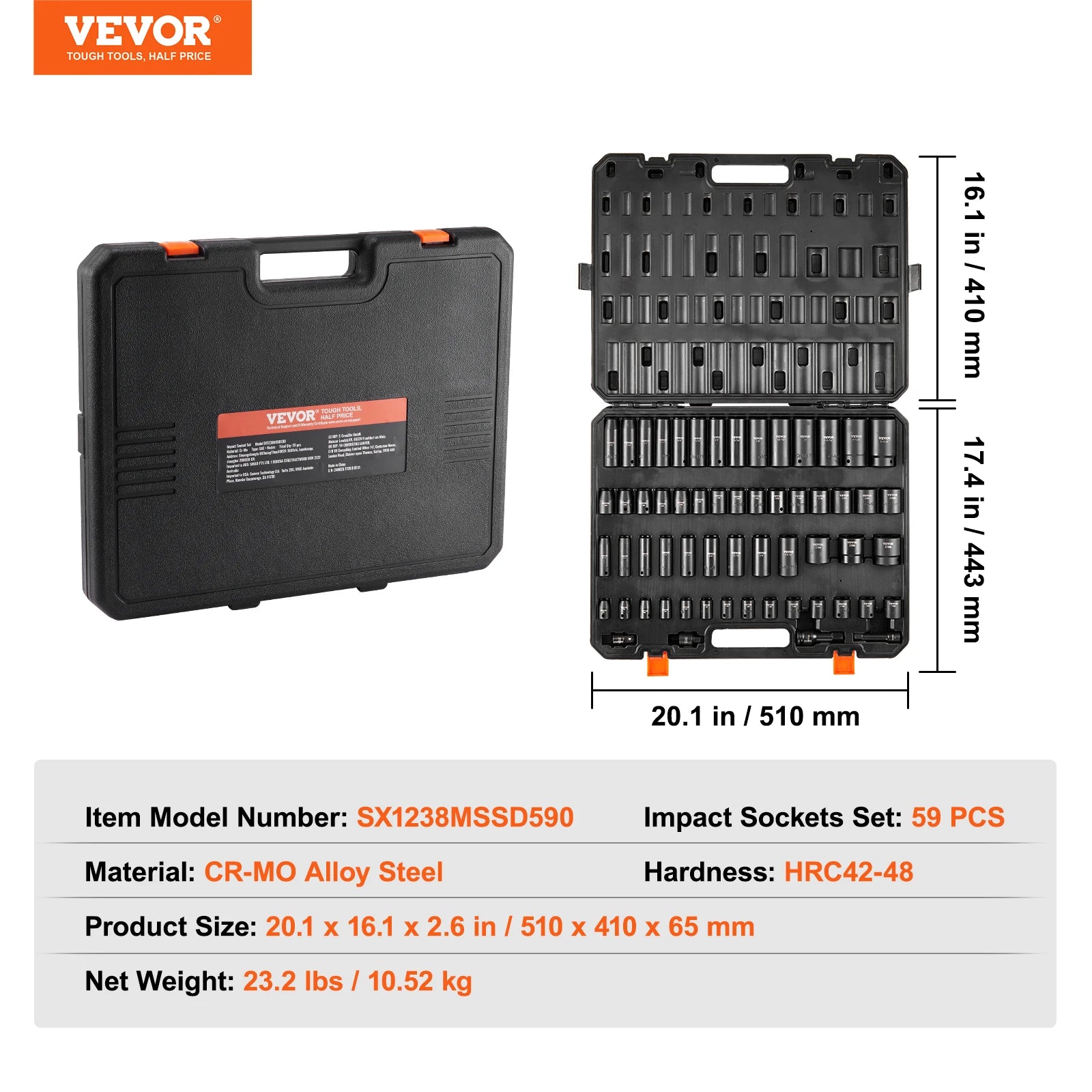 59-Piece Impact Socket Set 3/8" & 1/2" Drive SAE & Metric