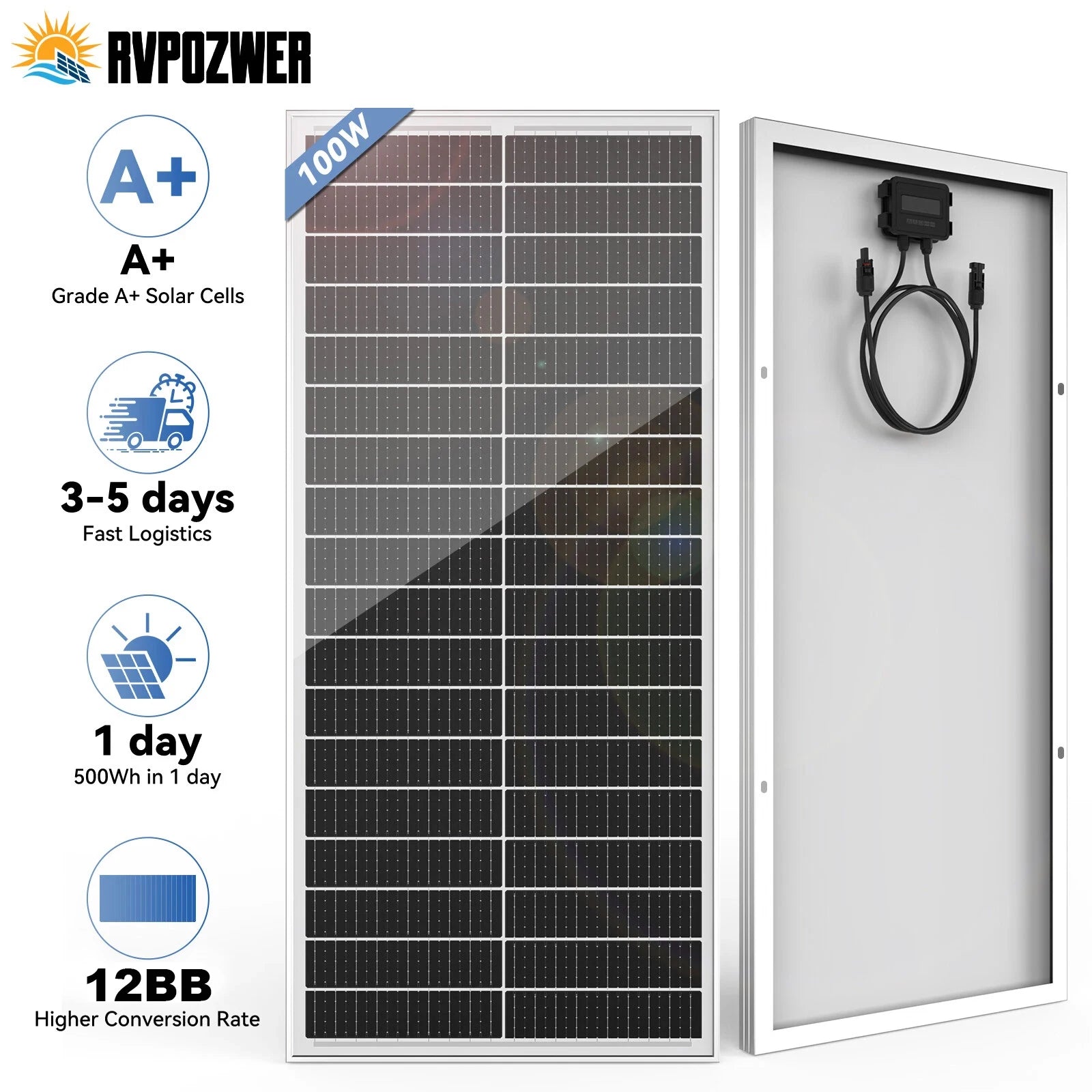RVPOZWER 100W 12.8V 12BB Solar Cell Monocrystalline Solar Panel High Efficiency Solar Module Charge Battery for RV Trailer