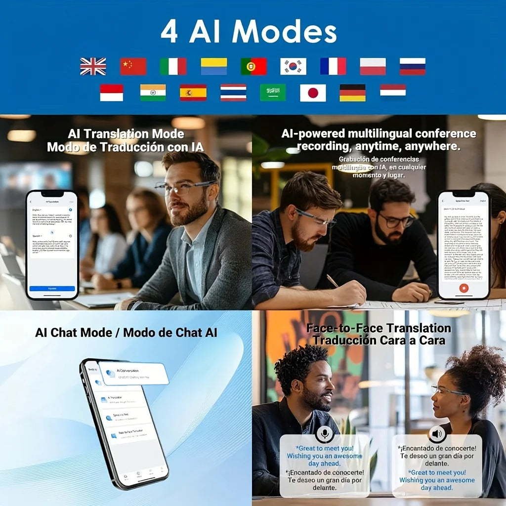 Óculos inteligentes com IA que suportam tradução em tempo real em 164 idiomas; óculos de áudio multifuncionais com microfone e altifalante integrados; lentes com escurecimento automático