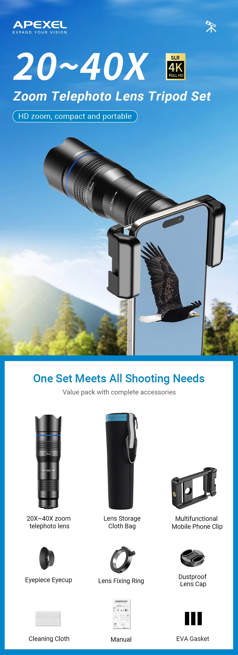 20-40x Zoom Smartphone Telephoto Lens with Tripod Kit