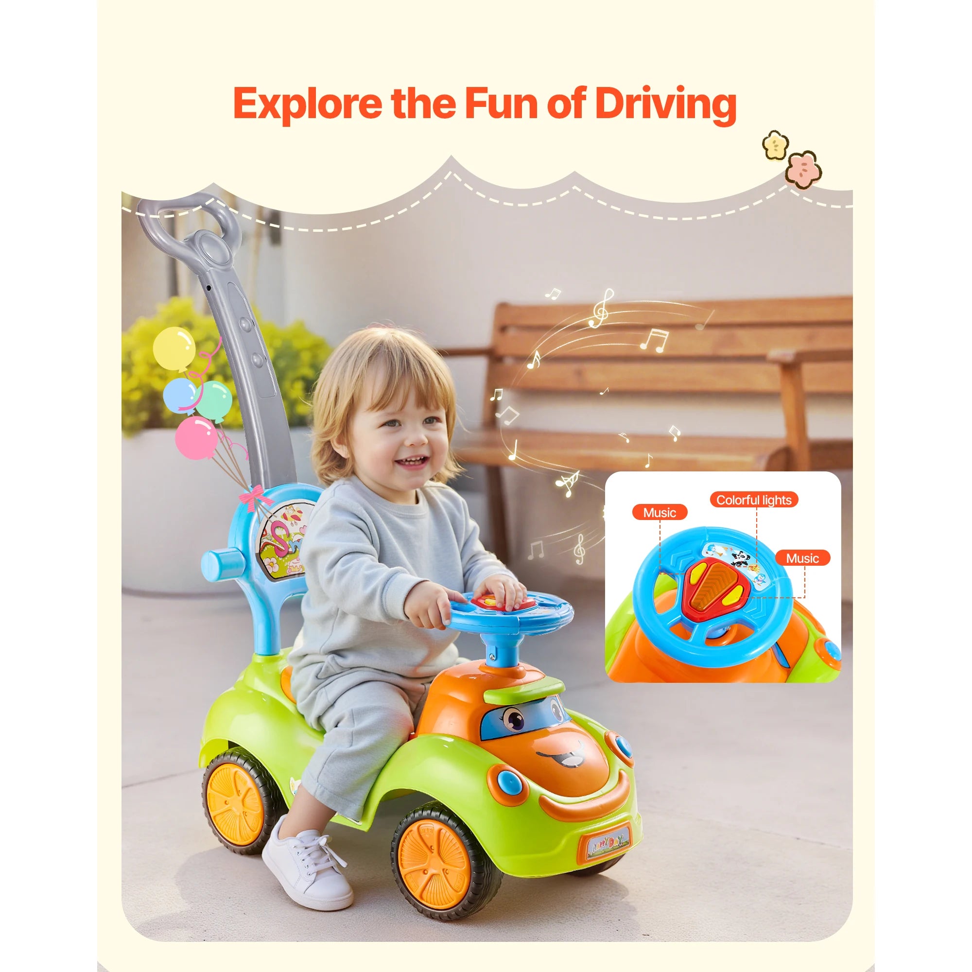 3-in-1 Loopauto met duwstang, leuningen en opbergruimte