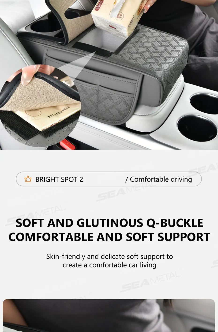 SEAMETAL 12 in 1 Car Arm Rest Cushion Multi-Pocket Center Console Cushion with Cup Holder/Tissue Holder Car Elbow Support Pad