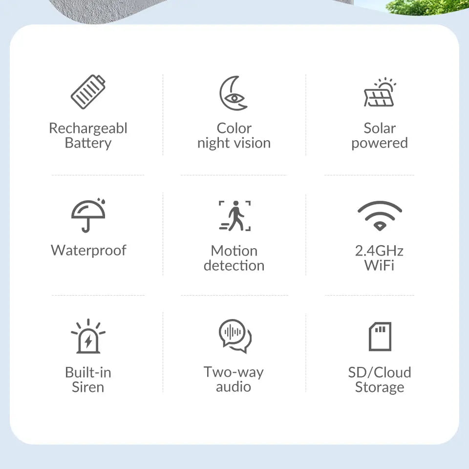 Cámara de seguridad solar WiFi 1080P para exteriores con visión nocturna y alertas