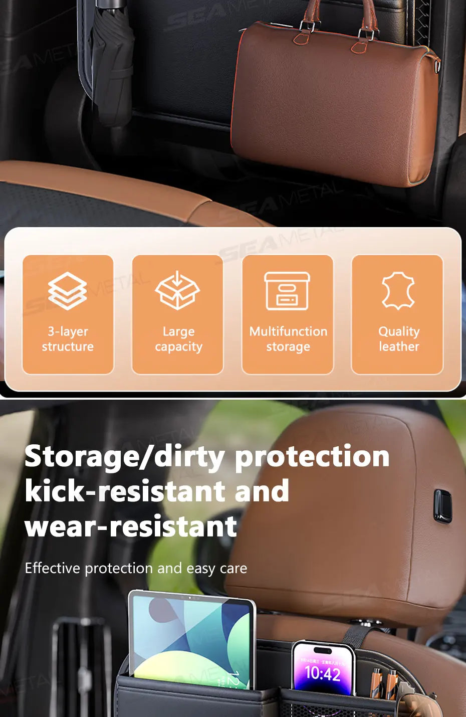 SEAMETAL 6-Pocket Car Seat Back Organizer Premium Pu Durable Car Back Seat Storage Bag Wear-Resistant Waterproof Anti-Kick Pad