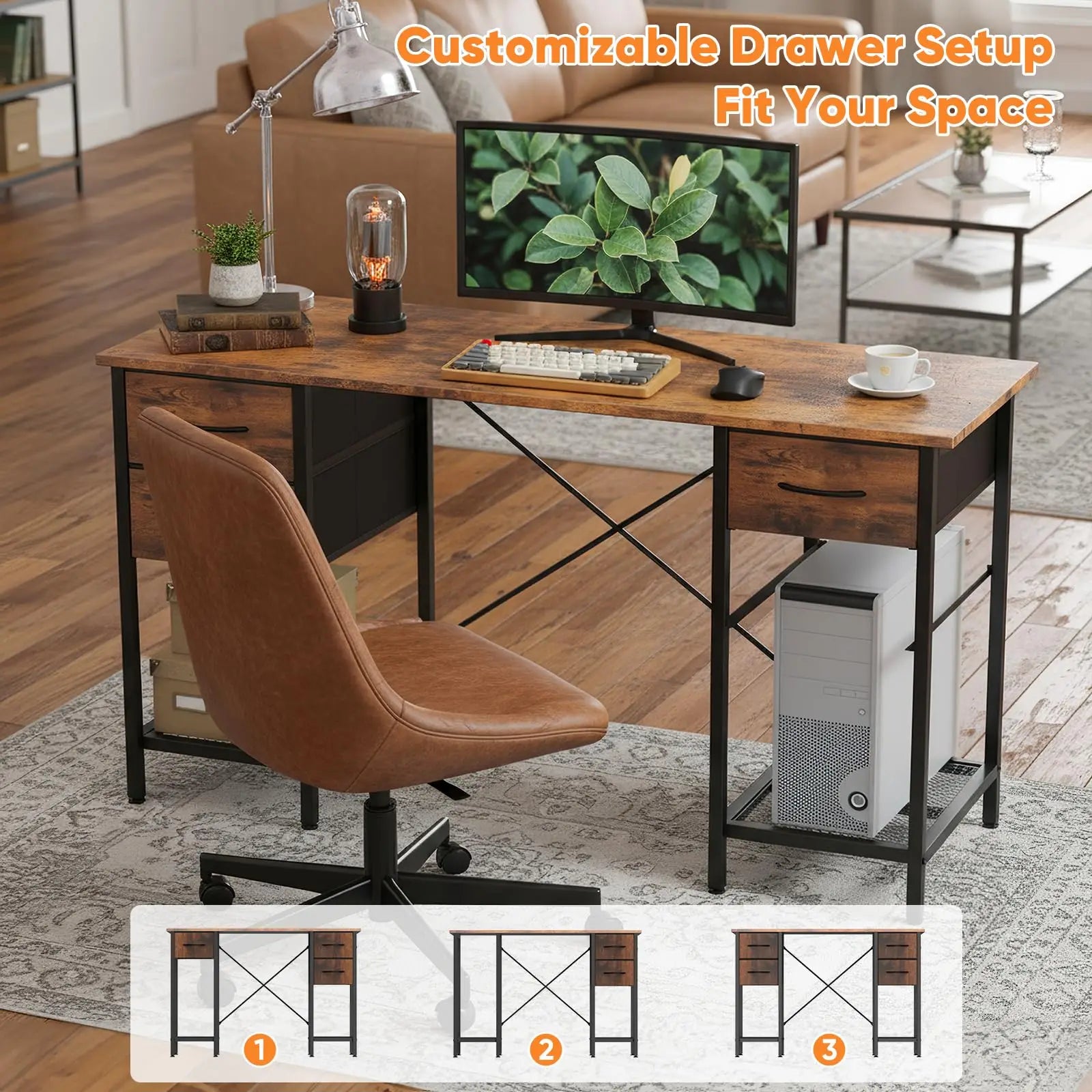 55 Inch Computer Desk with 4 Drawers and Mesh Shelf Storage