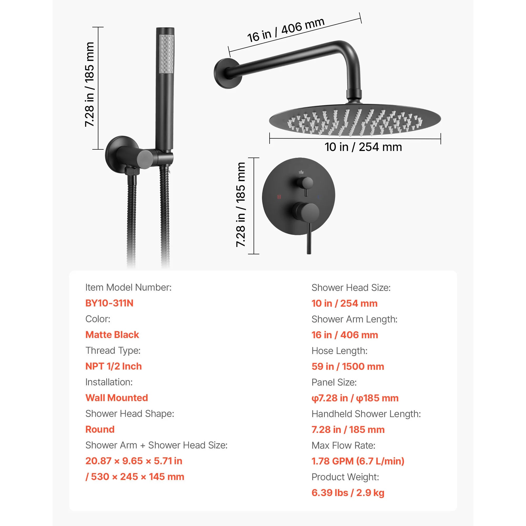 Sistem de duș cu ploaie cu cap de 10 inch și set de pulverizator manual