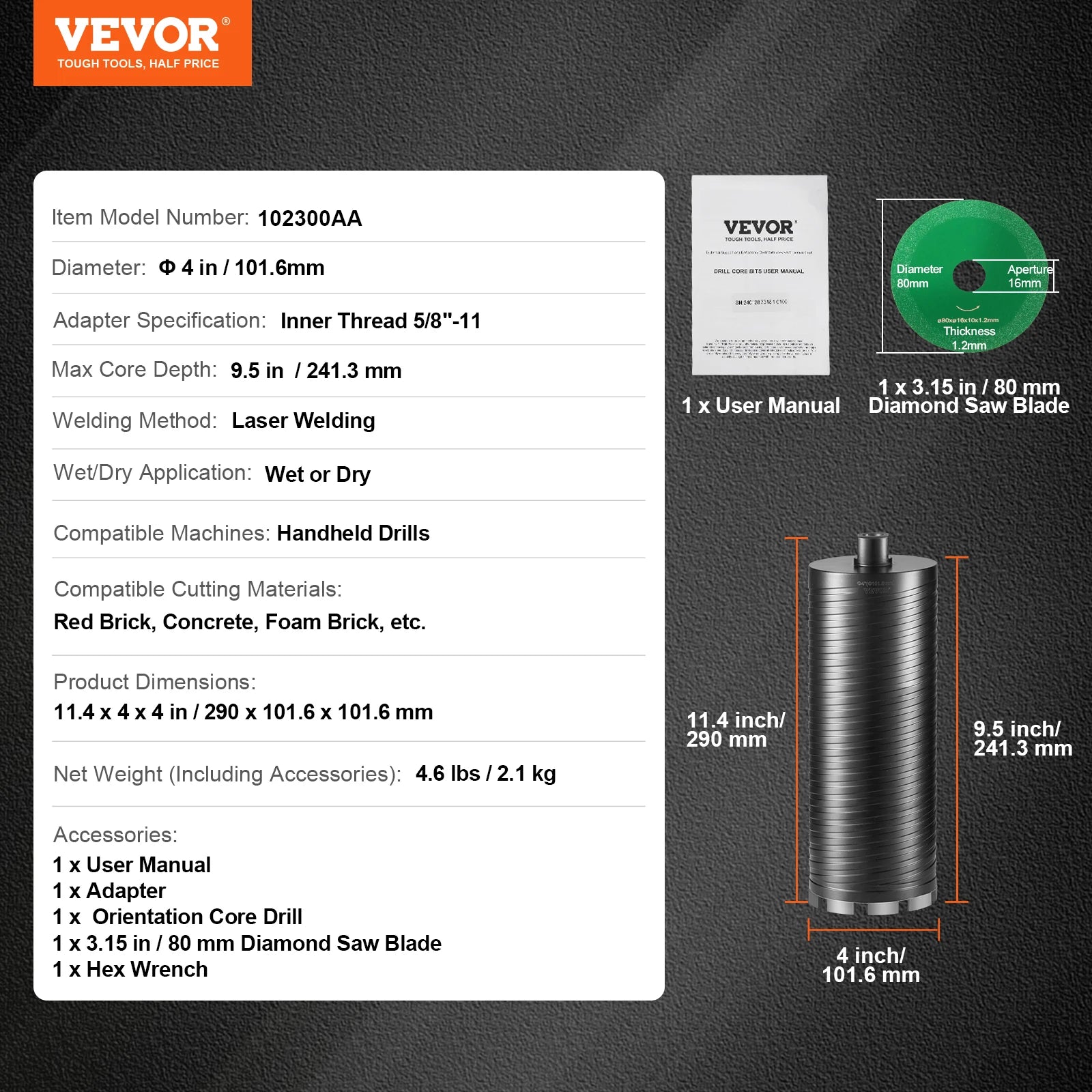 Wet/Dry Diamond Core Drill Bit for Brick and Concrete with Pilot Bit, Adapter and Saw Blade