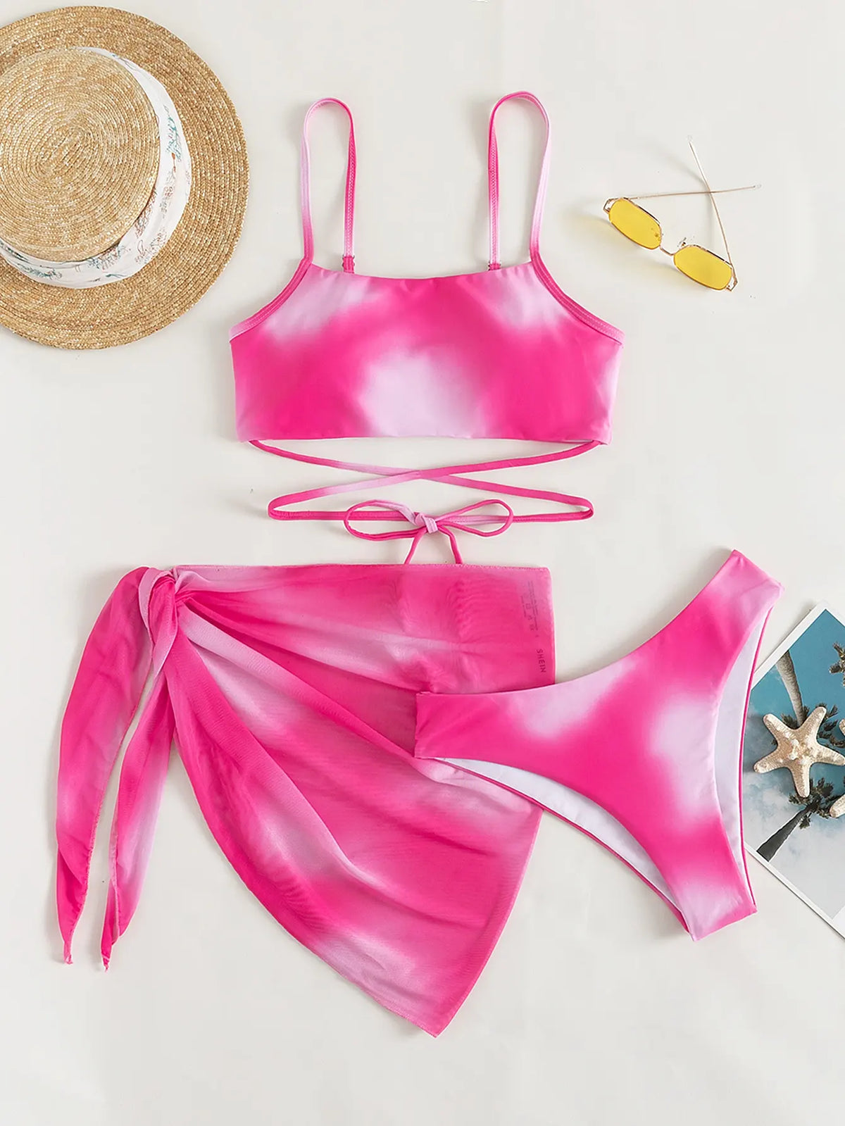 Ensemble trois pièces bikini ombré et jupe de plage