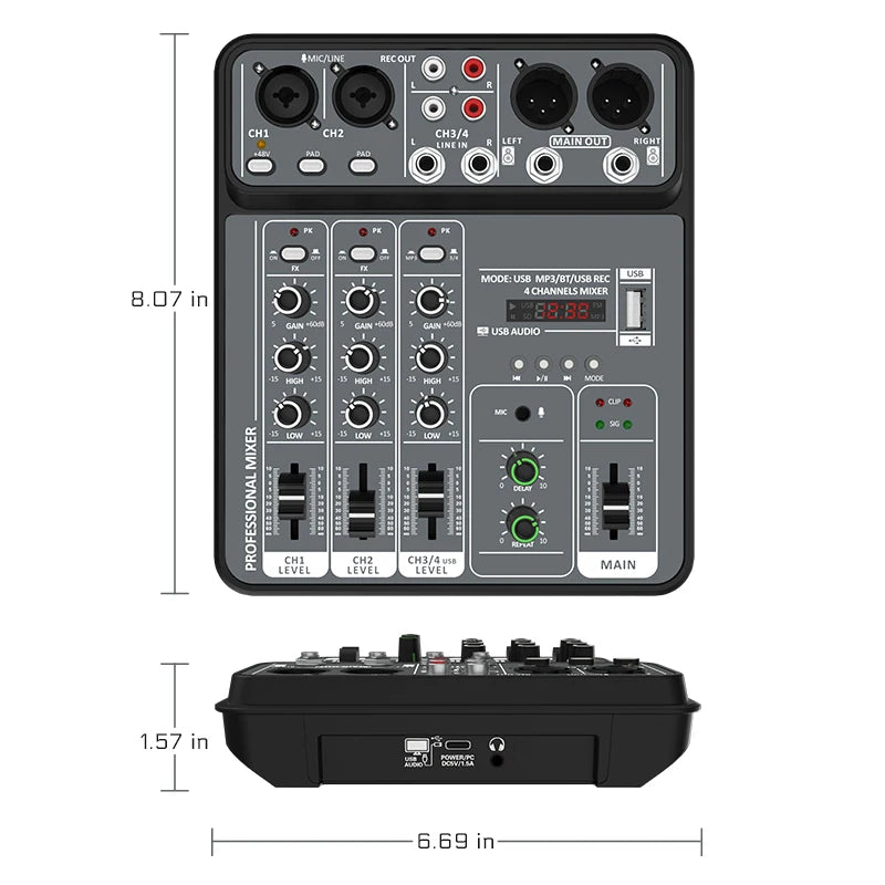 4 Channel Audio Mixer 48V Phantom Power USB Studio Sound Mixers Bluetooth DJ Console Mixing for Karaok