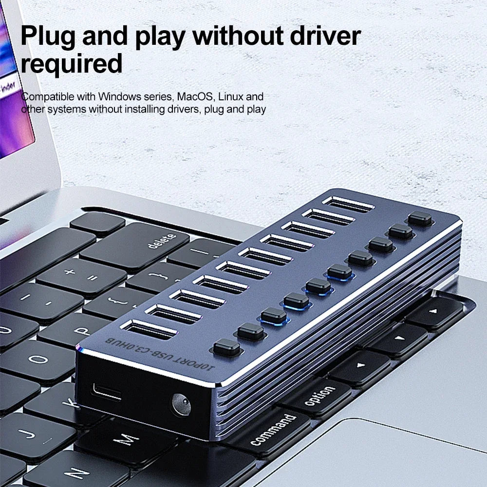USB-C Hub with Individual Switches, 7 or 10 USB 3.0 Ports