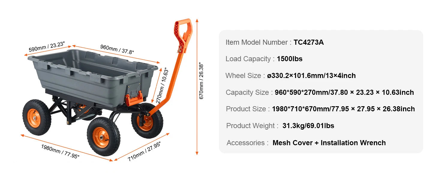 SucceBuy Dump Cart Poly Garden Dump Cart Easy to Assemble Steel Frame Dump Wagon with 2-in-1 Convertible Handle Safe Transport