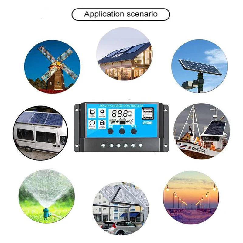 Solar Charge Controller 10A to 100A LCD Display Dual USB Auto Regulator for Solar Panel Battery System Charging