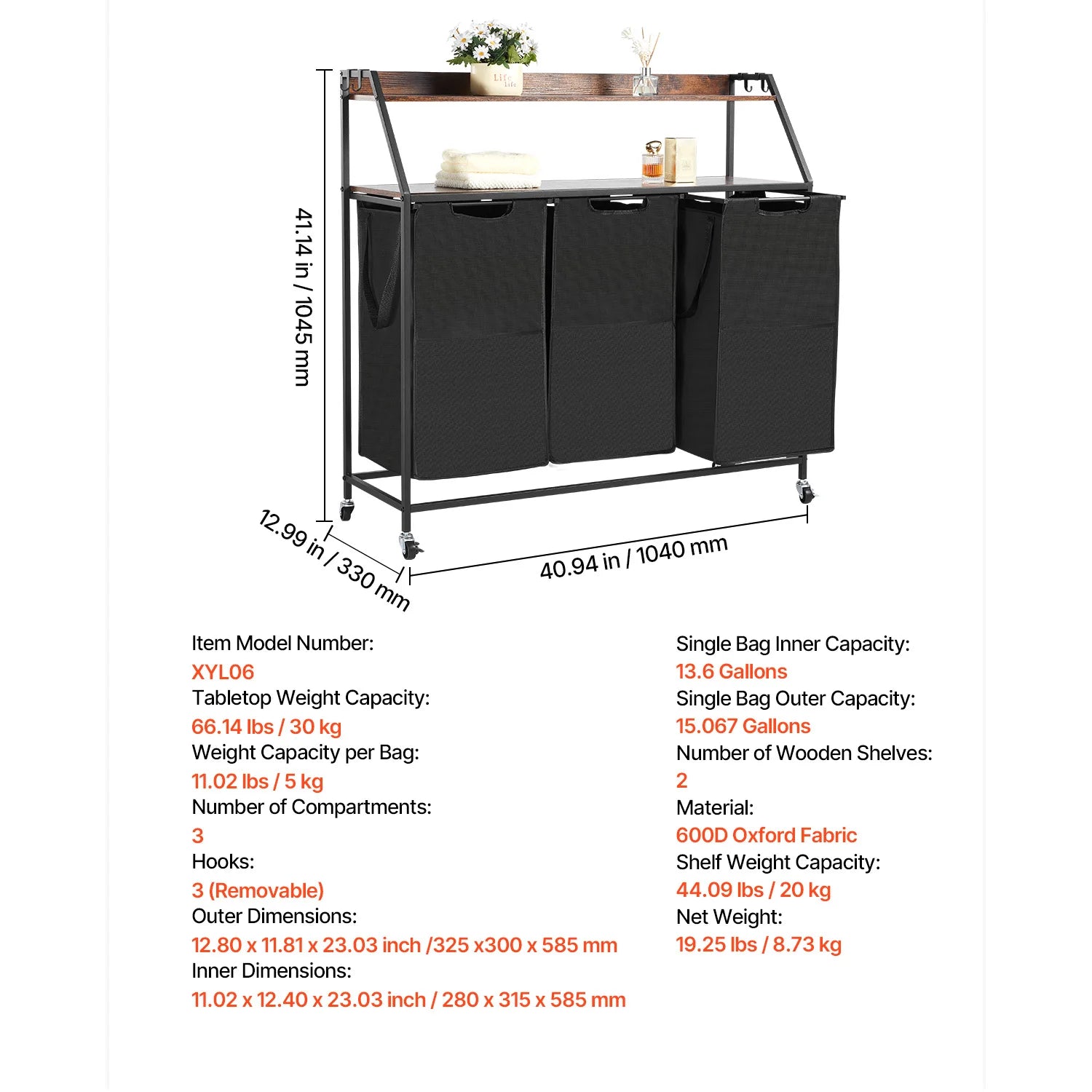 Large Laundry Sorter with Metal Frame & Pull-Out Bags
