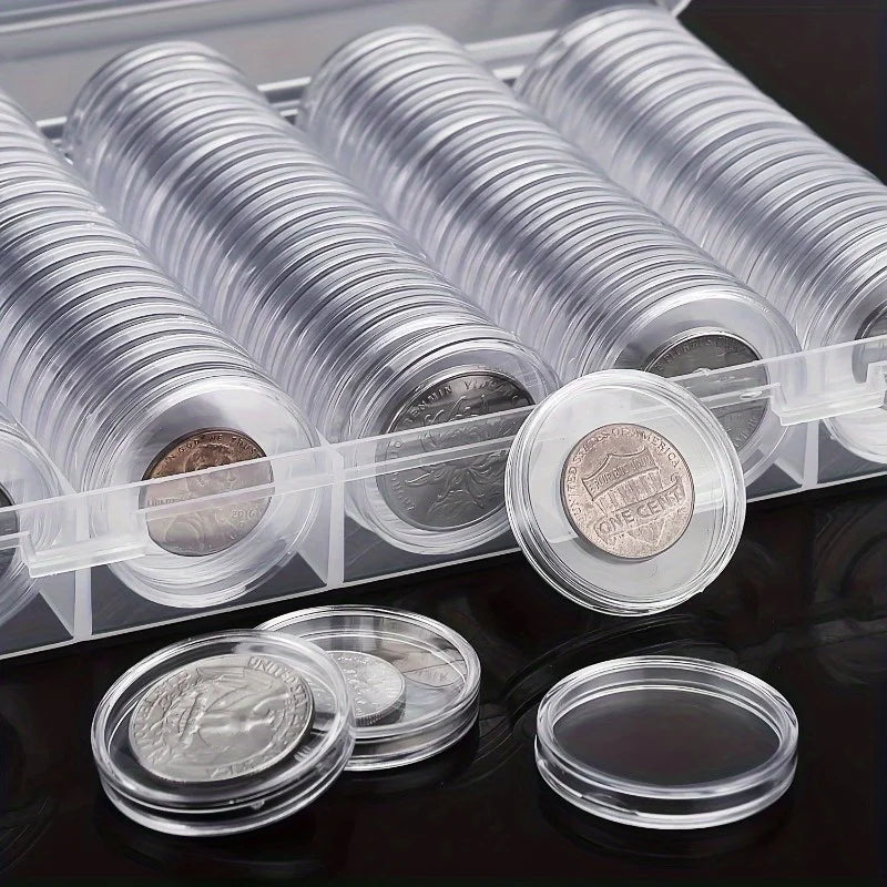 27mm Clear Coin Capsules with Organiser, 100 Pieces