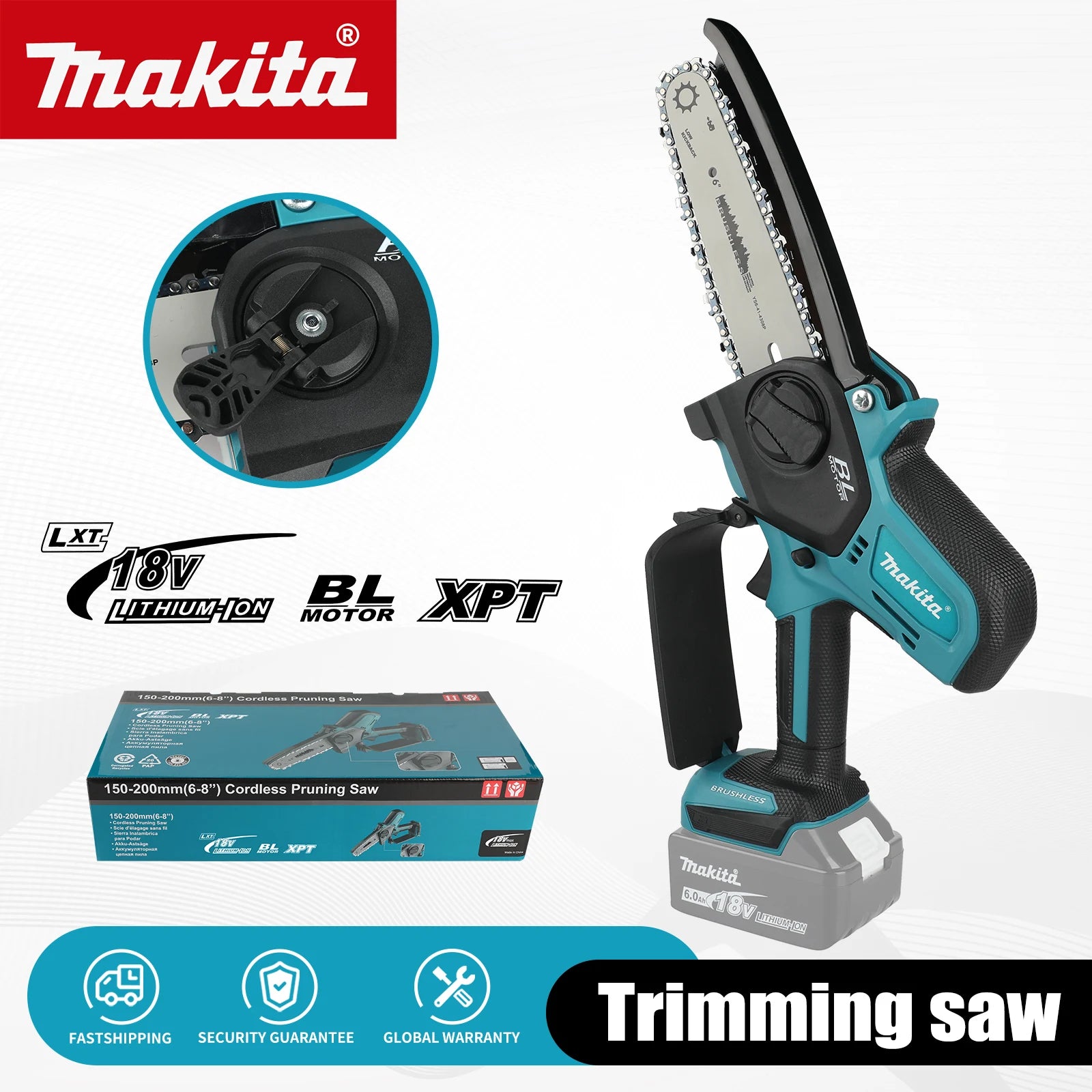 Makita 18V Ledningsfri 8-tommer Håndholdt Kædesav med Automatisk Smøring