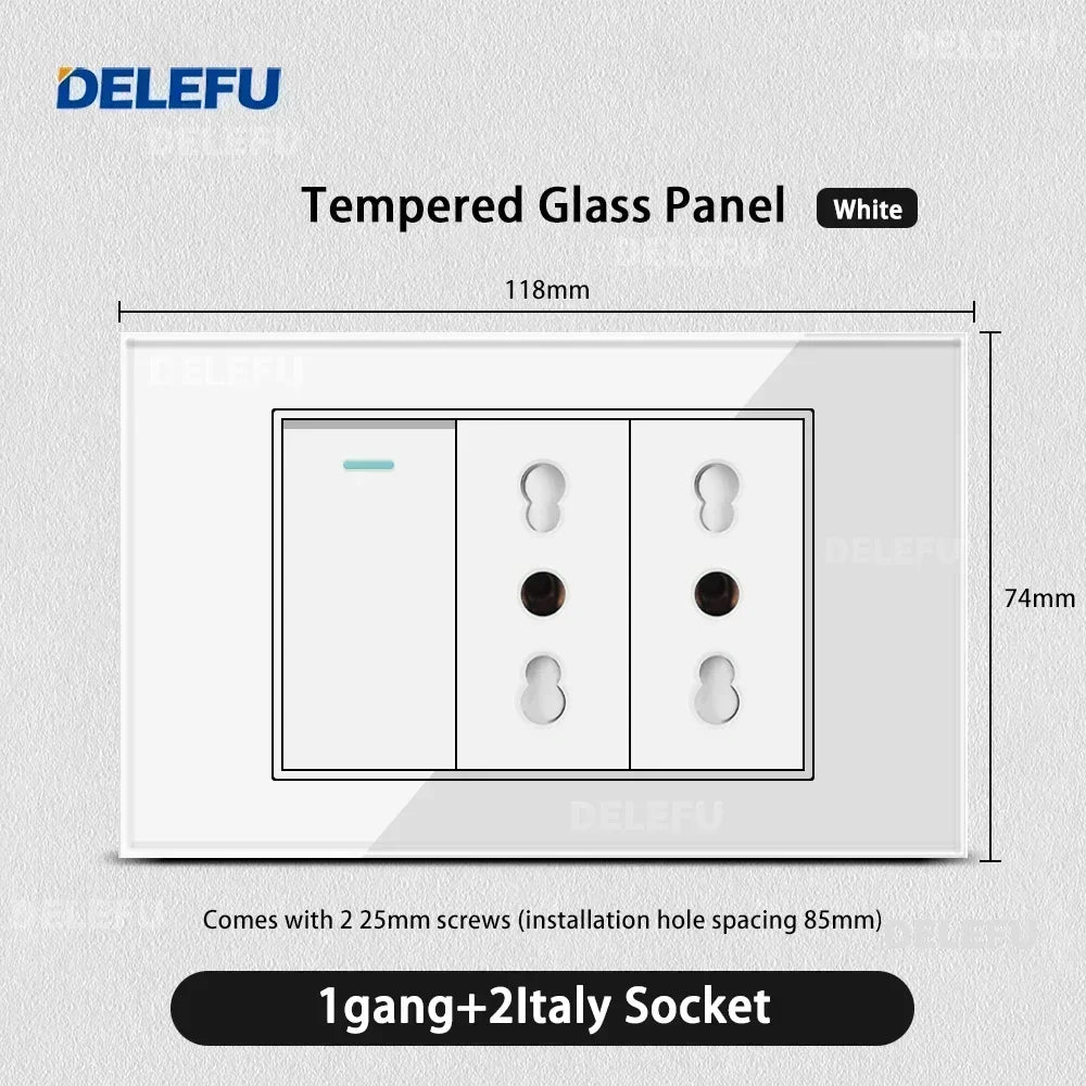 DELEFU White Tempered Glass Italy USB TypeC Fast Charging Wall Socket Schuko Tuya Wifi Smart Switch Sat TV Tel Doorbell Chile