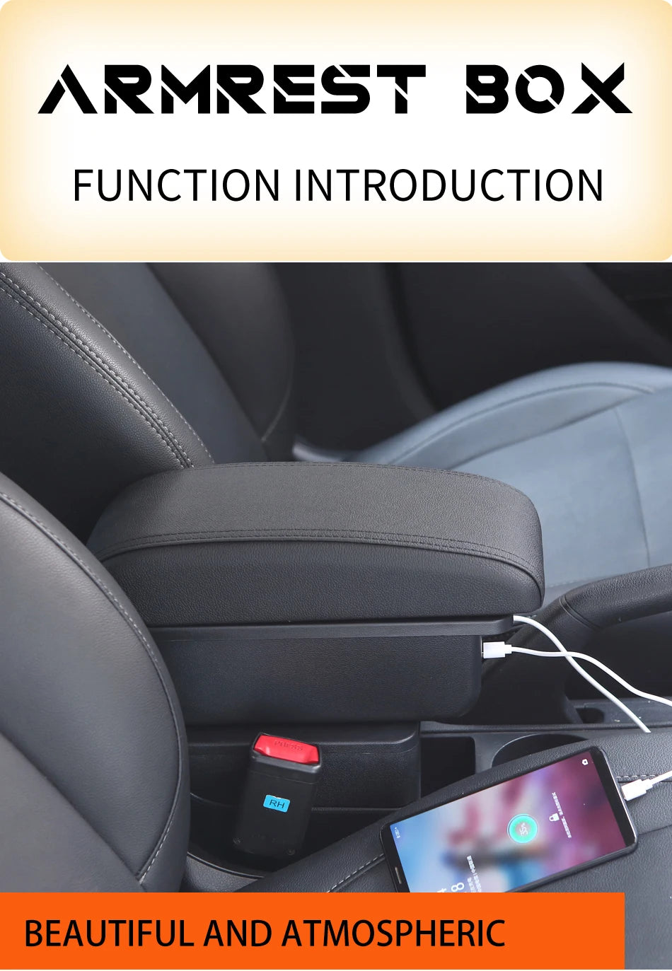 Universaali auton käsinoja säilytystilalla ja valinnaisilla USB-porteilla