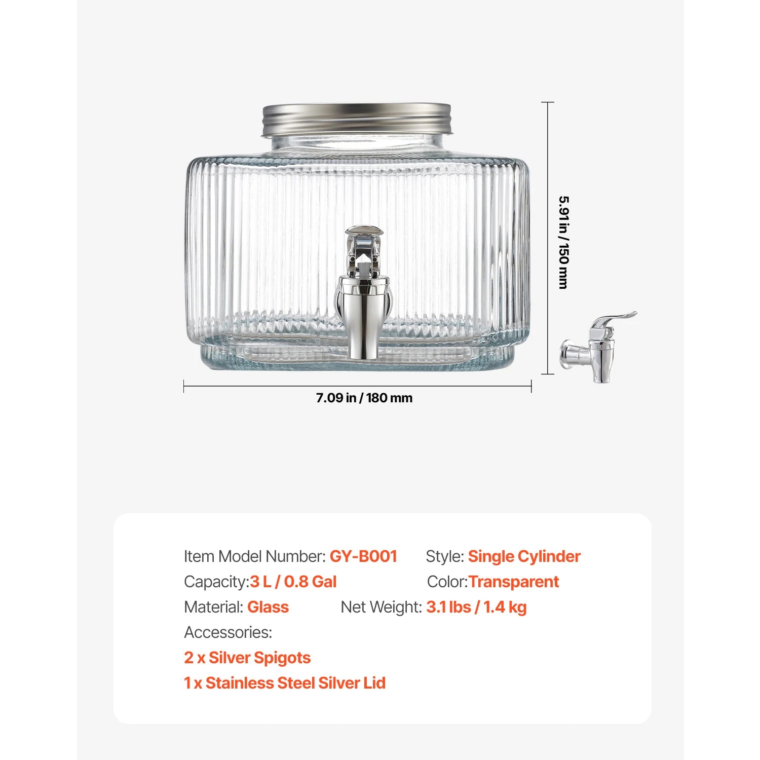 3L glas drikkedispenser med drypfri hane og låg
