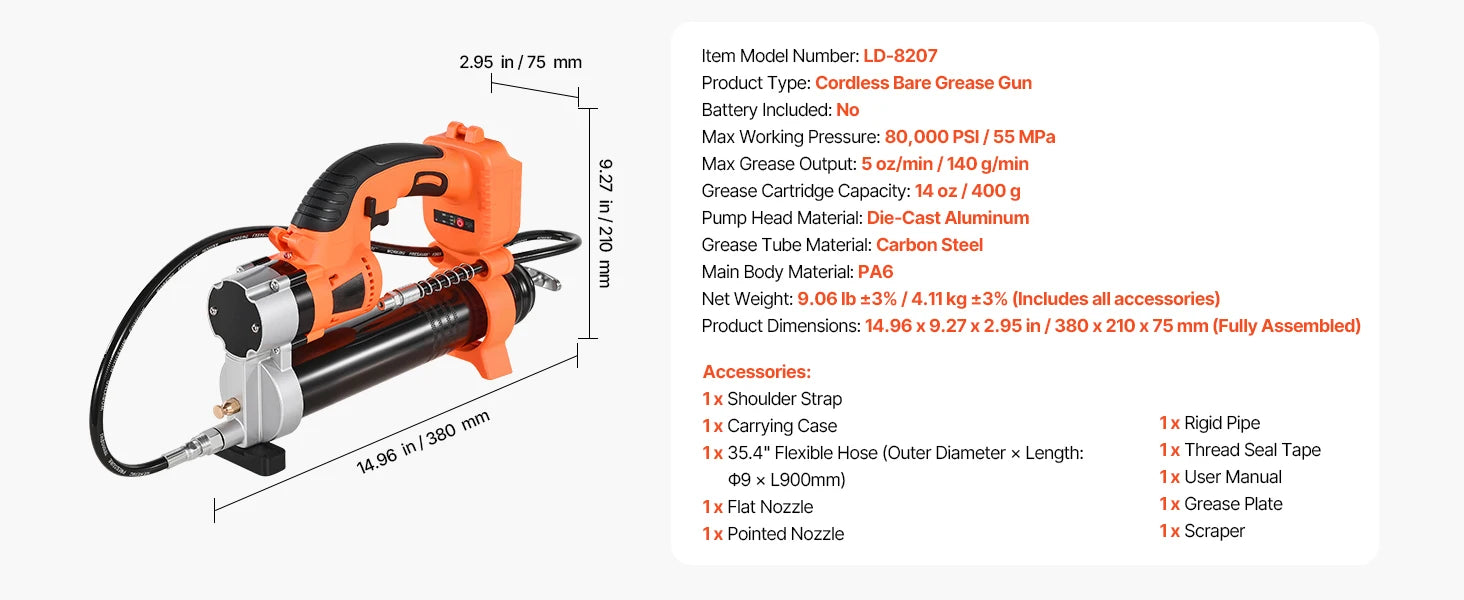 SucceBuy 8000 PSI-es vezeték nélküli zsírzógép 35,4 inch(es) tömlővel, autókarbantartási, akkumulátoros, 18V-s energiájú zsírzás járművekhez