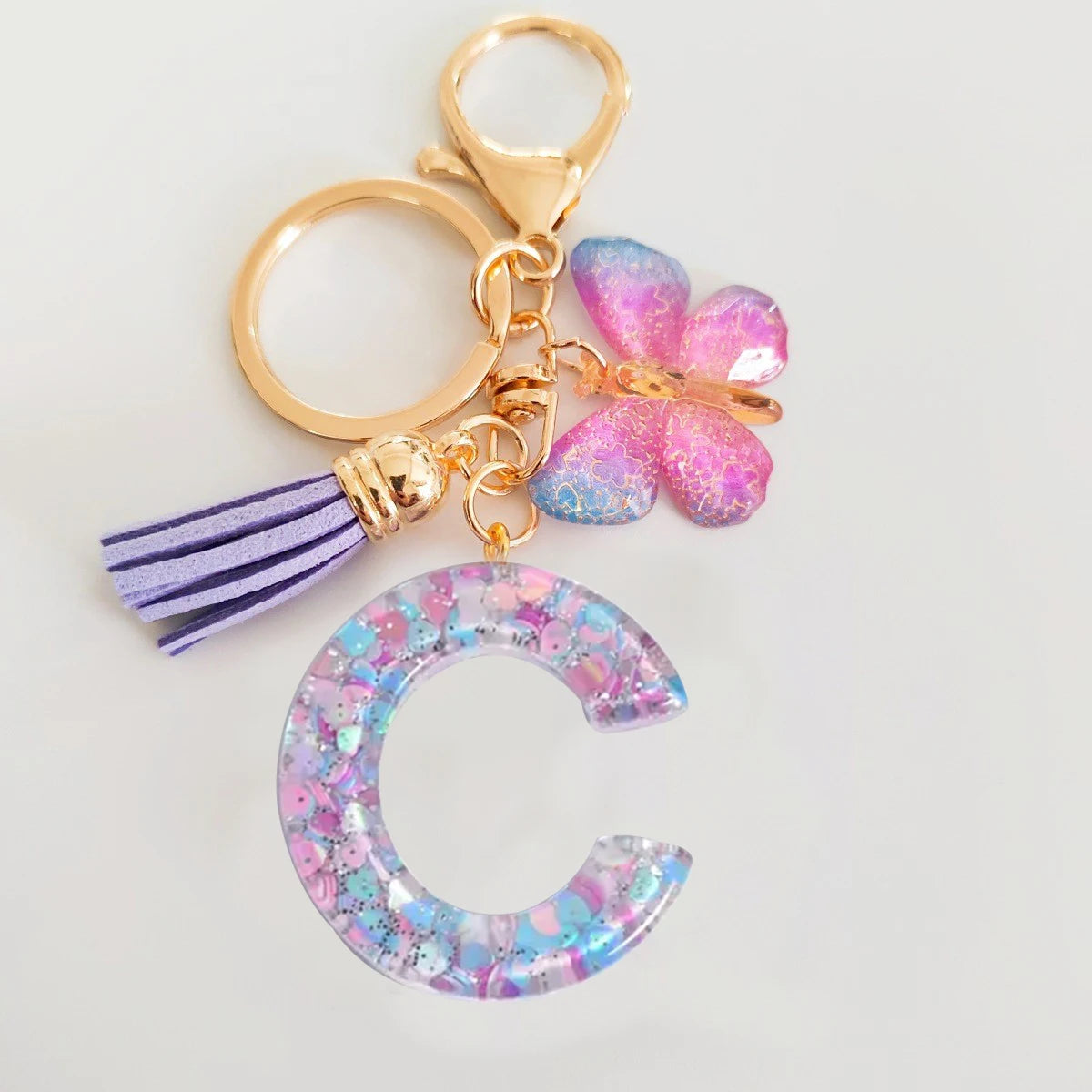 Fashion butterfly Fringe Initial Keychain Drop Glue Blend Sequin A-Z26 Letter Keychain Cute Ladies Student Bag Accessory Gift