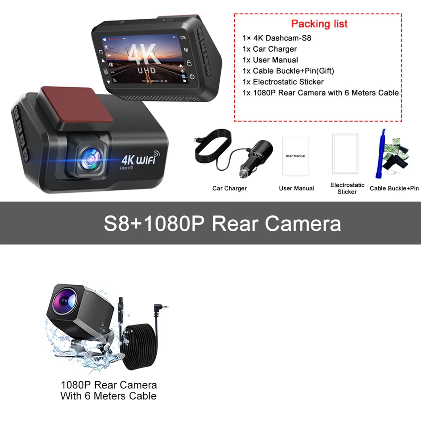 4K Front & Rear Dash Cam with WiFi, Night Vision & Parking Monitor