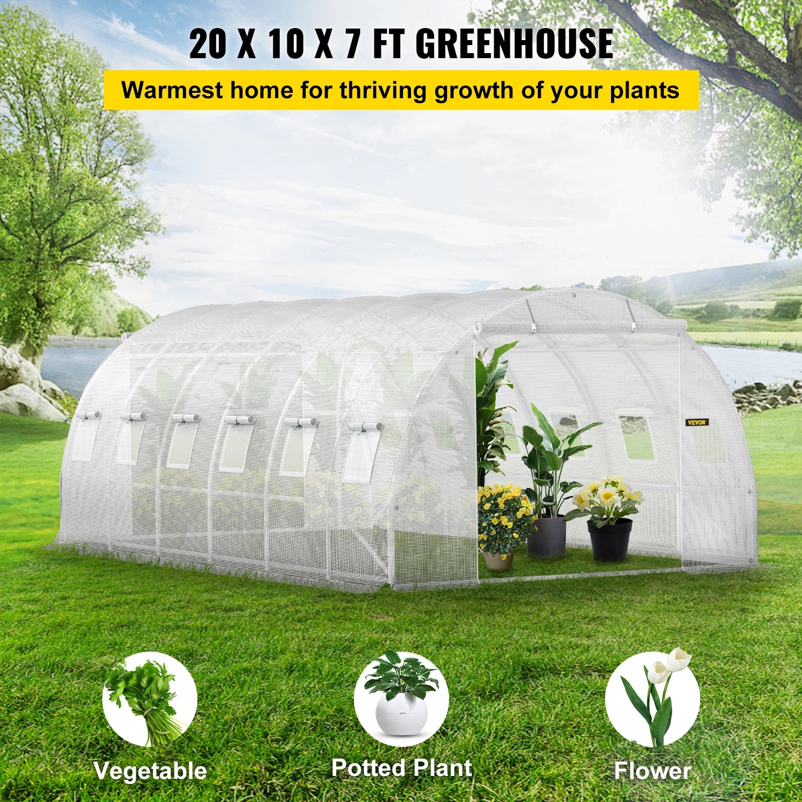 SucceBuy seră tubulară de trecere 20x10x7/15x7x7 ft pentru plante, cu adăpost de tip casă fierbinte, cadrul din oțel galvanizat, 3 brațe superioare și 2 uși cu fermoar