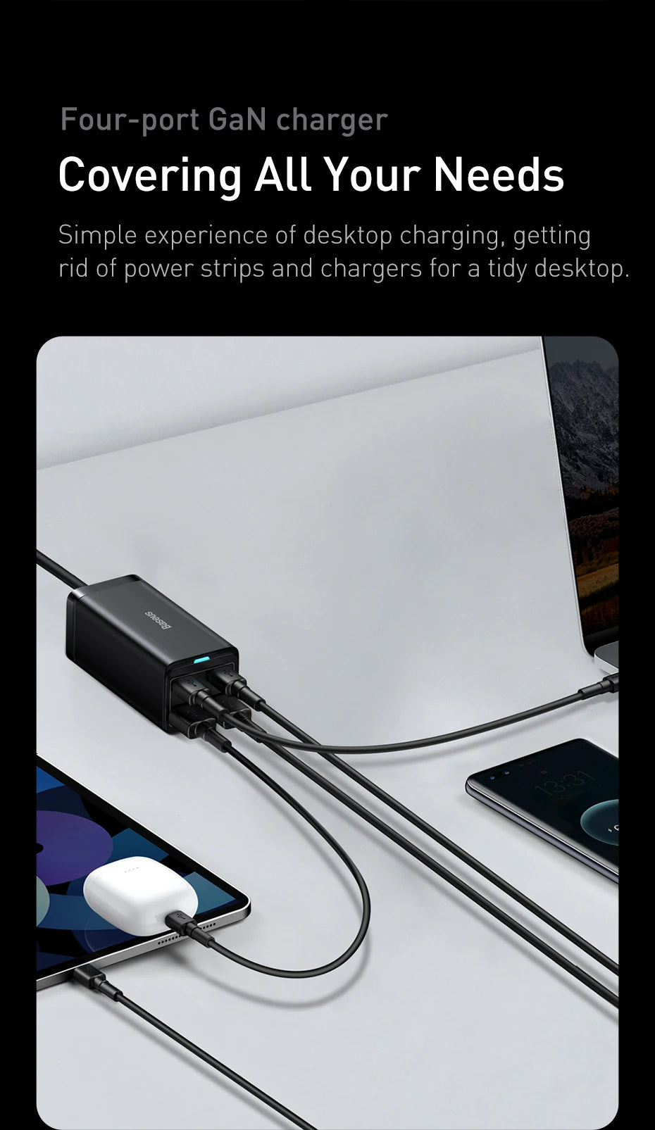 Baseus 65W/100W GaN stolná nabíjačka so 4 portami na rýchle nabíjanie