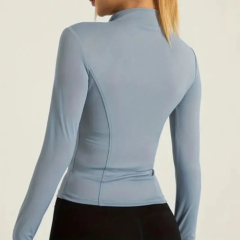 Women's Zip-Up Running Jacket Lightweight Stretchy Running Track Jacket with Thumb Holes, High Neck, Breathable Yoga Sportwear