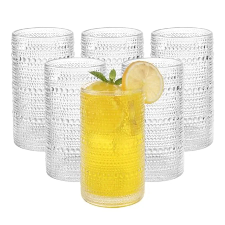 Vintage Hobnail Drinking Glasses, 16 oz Large Capacity Emed Clear Tumblers, Highball Glasses for Water, Cocktail, Beer, Whiskey