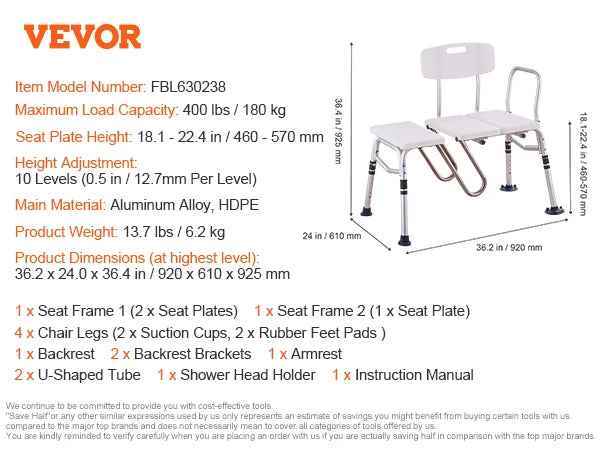 Tub Transfer Bench with Backrest & Armrest, Adjustable Non-Slip Shower Seat