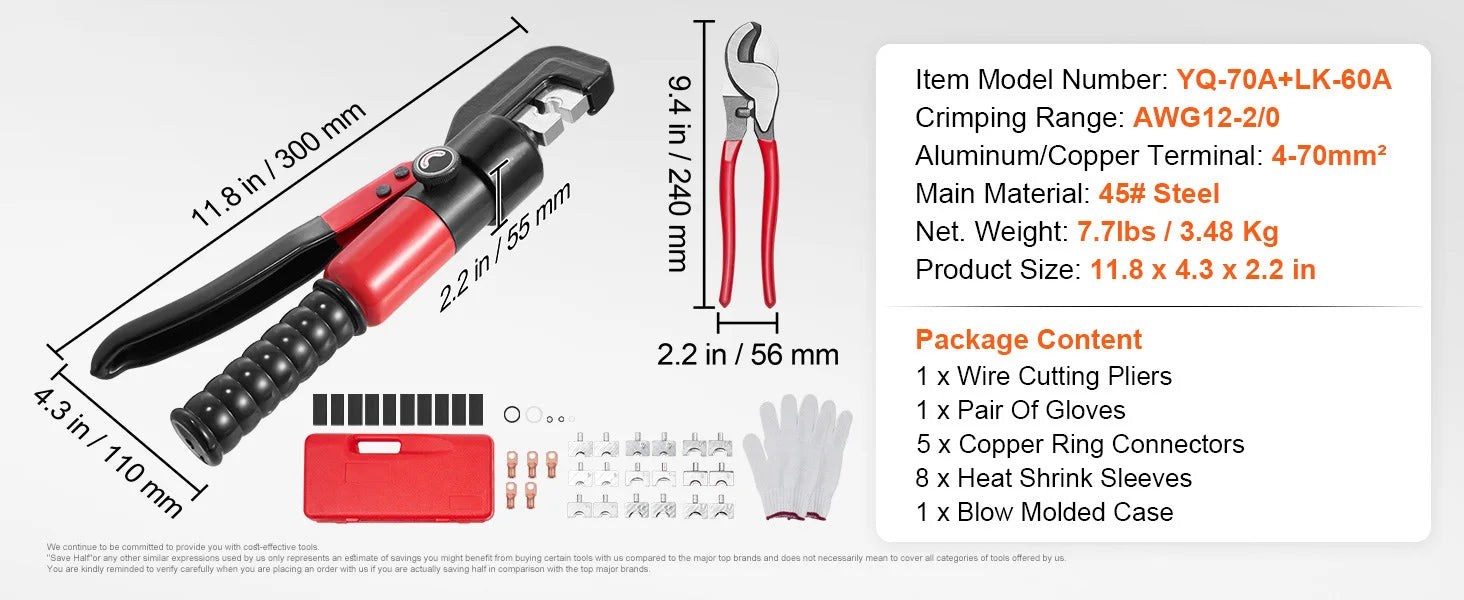 Hydraulic Cable Crimping Tool AWG12-2/0 with 9 Dies & Cutter Kit