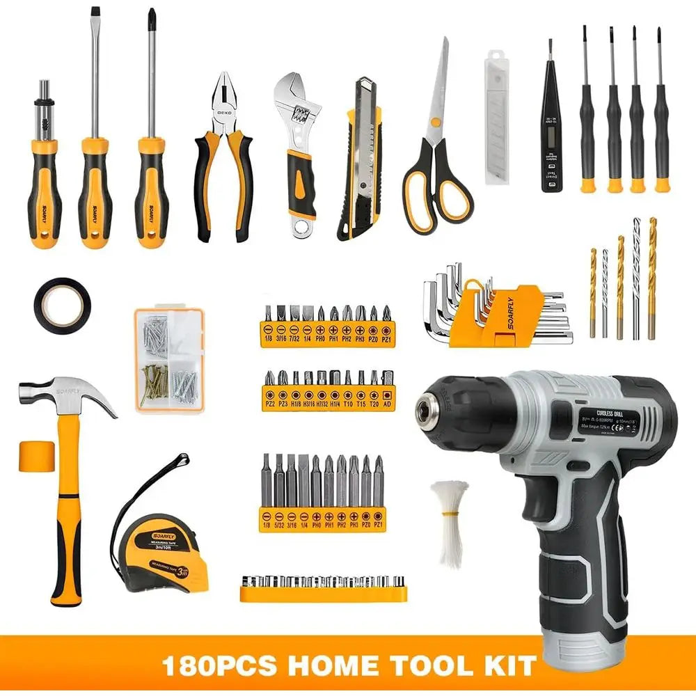 180-Piece Tool Kit with 8V Cordless Drill for Home Repairs