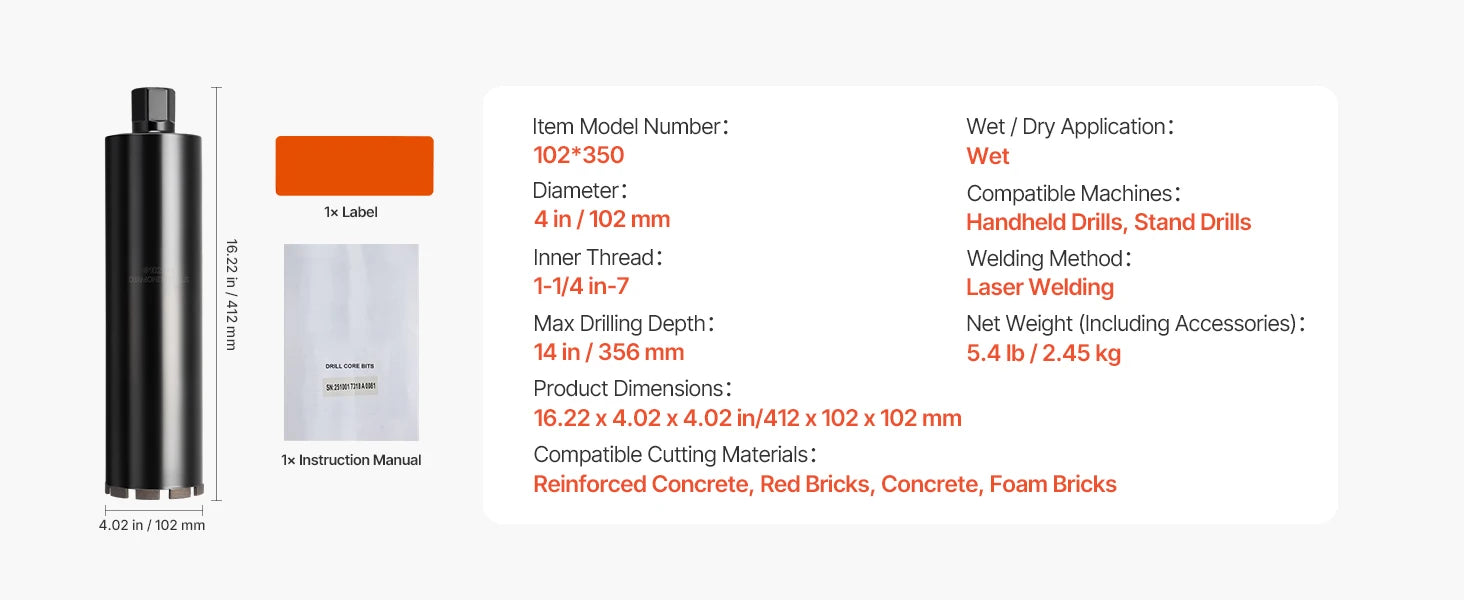 Diamond Core Drill Bit with Adapters for Concrete & Brick Drilling