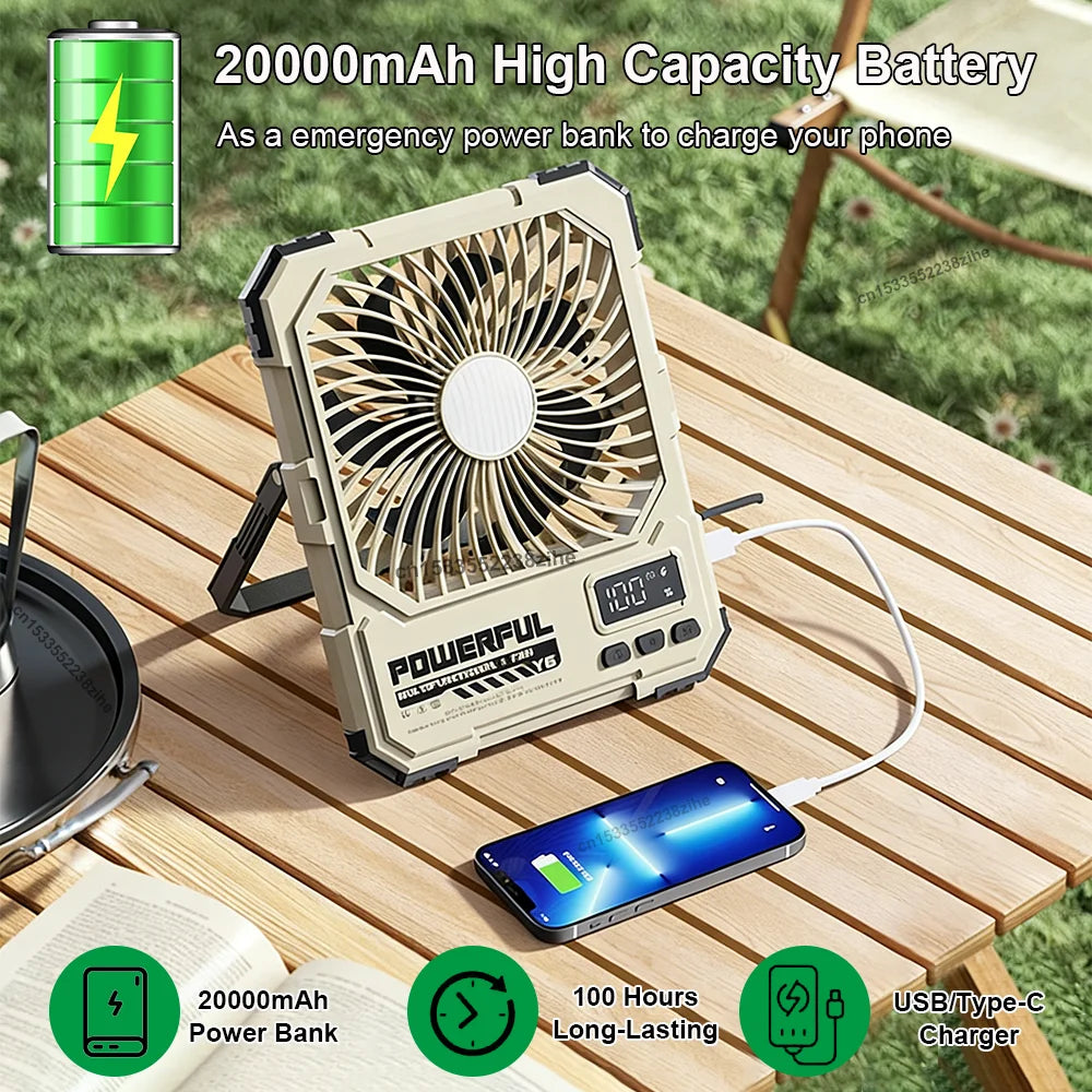 Camping Fan 20000mAh USB Rechargeable Wireless Tent Ceiling Fan Portable Hanging Camping Fan with Night Light and Remote Control