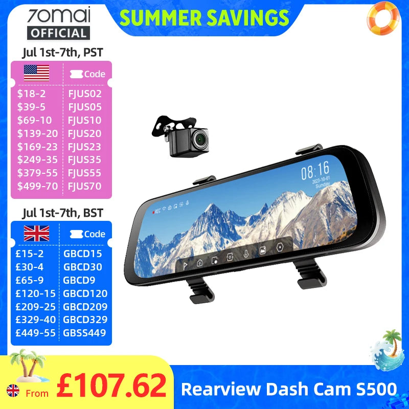 70mai Rearview Dash Cam S500 9.35'' Touch Screen 70mai S500 Car DVR 3K Super Capacitor Dual-Channel HDR Voice Control 24H Park